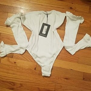 White bardot Jersey rib frill sleeve thong
